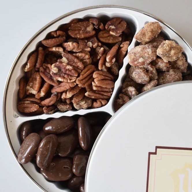 Heaton Pecans 3 Way Assorted Tin, Roasted/Salted, Chocolate & Praline 2.3lbs