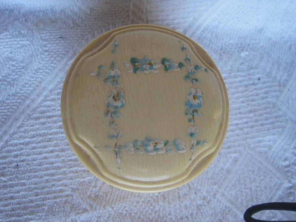 Celluloid Vintage Vanity Power Container Blue Flowers Includes Puff 2.5'' tall