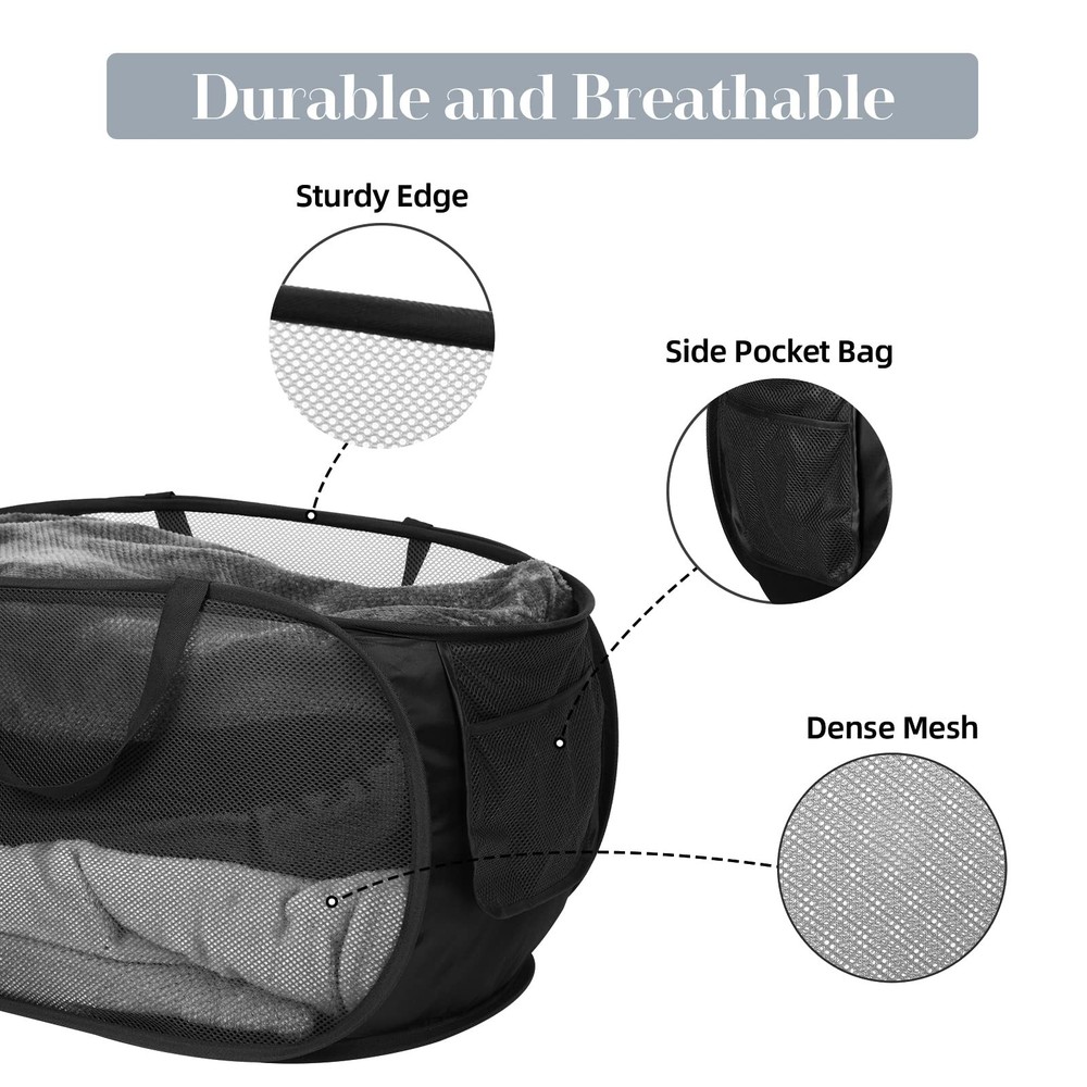 Durable Collapsible Laundry Baskets, Mesh Pop Up Horizontal, Black