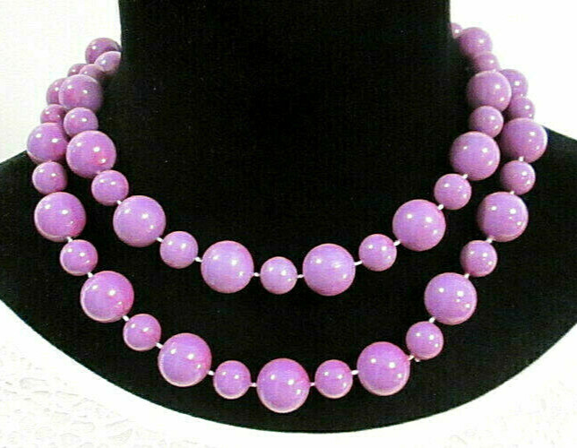 Chunky Violet Purple Beaded Statement Strand Necklace Hand Knotted Plastic