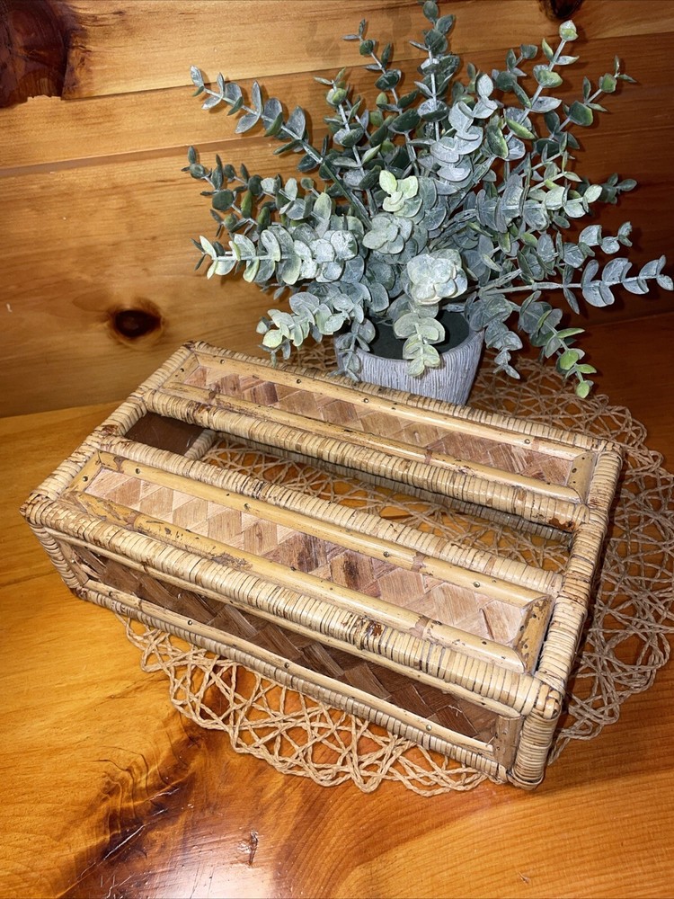 Vintage Tissue Box Cover Holder Bamboo Rattan Wicker Coastal Boho Rectangular