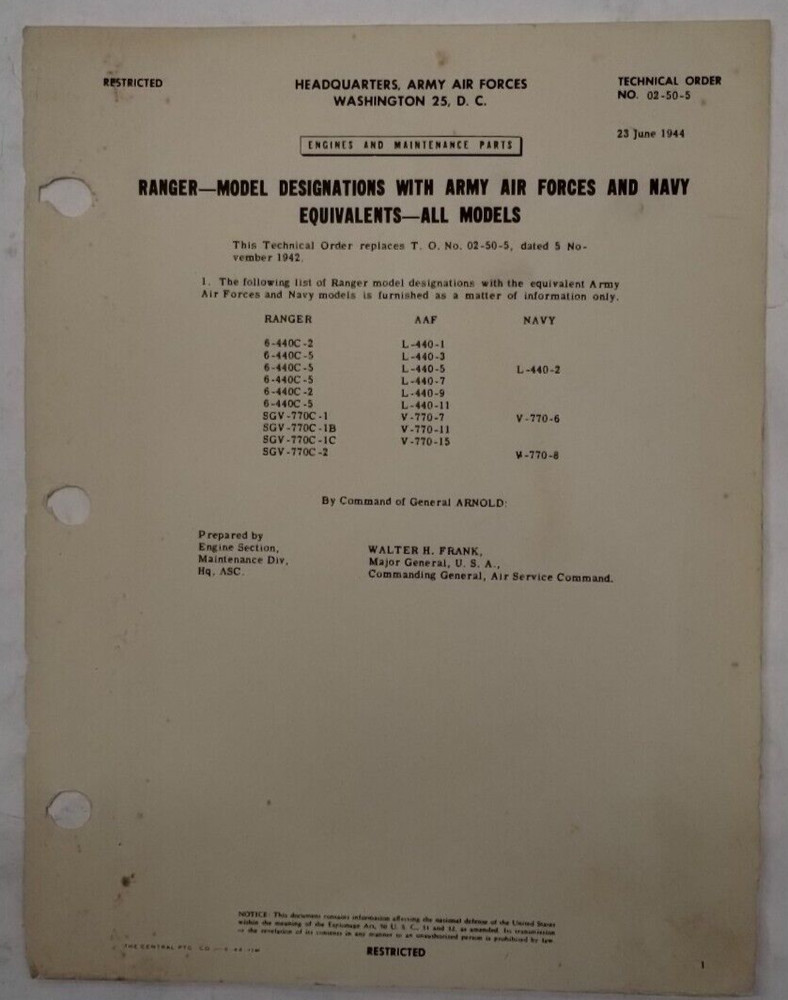 Ranger Technical Order No. 02-50-5 June 23, 1944-Original