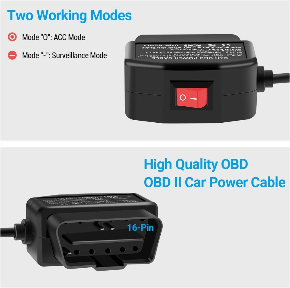 Dual-Mode OBD Power Cable for Dash Cameras - ACC & Surveillance Functionality