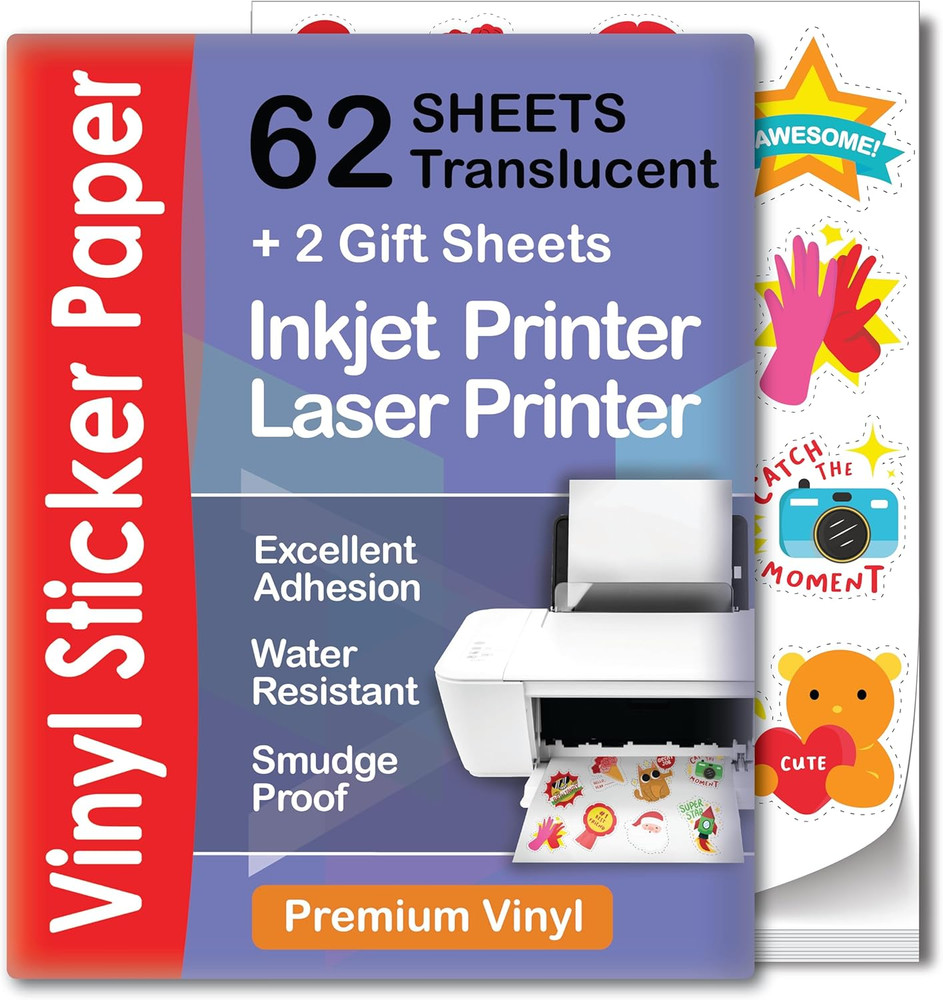 Translucent Semi-Clear Sticker Paper for Inkjet Printer & Laser Printer 62 Sheet