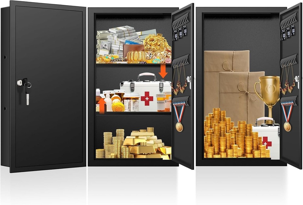 22" In Wall Safe Between Studs Lockable w/ Shelf & Key Hooks Home Security Box