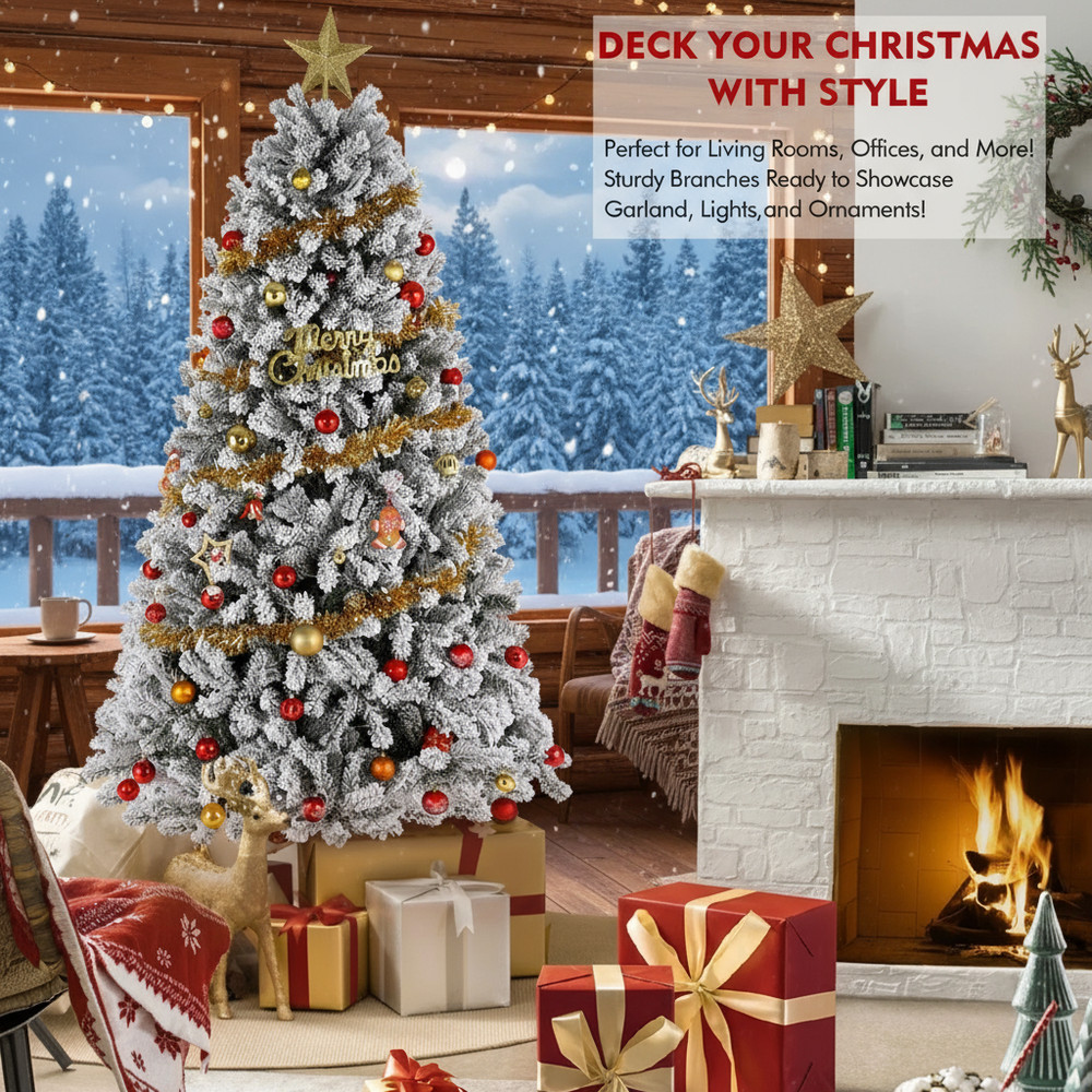 6ft Pre-lit Artificial Flocked Christmas Tree w/8 Adjustable Flash Rate Modes US