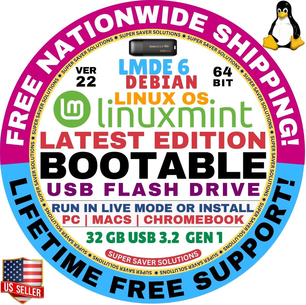 Linux MINT 22 USB FAYE LMDE-6, 64-Bit, Live Boot, Full Install for MAC, PC