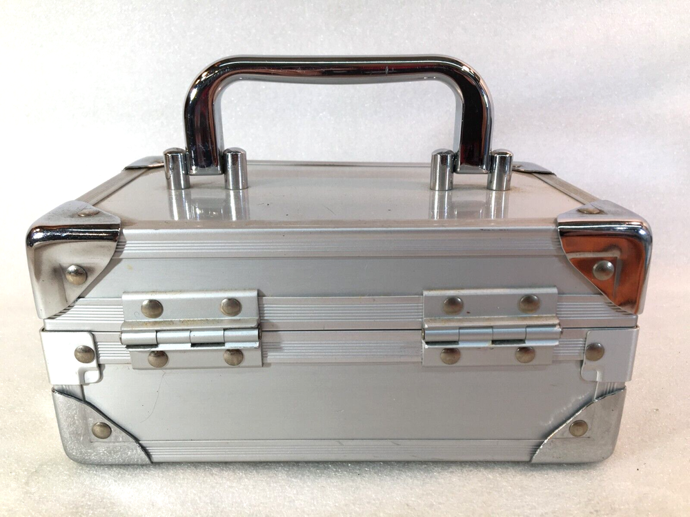 Hinged FAR NINE Travel Make-Up Case w/Handle Silver & Gray Mirror