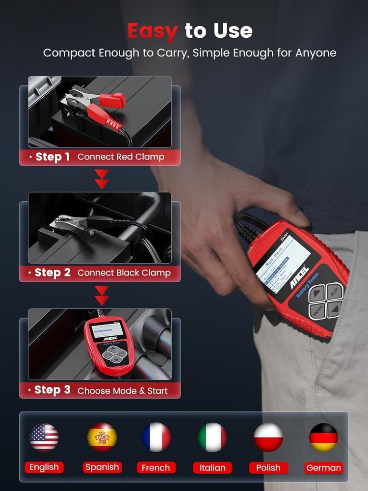 Powerful 12V Automotive Battery Tester with Multi-Language Support