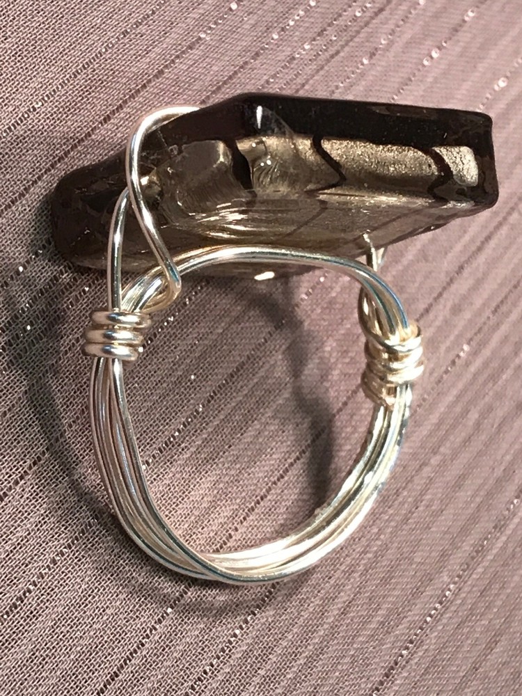 Handmade Artisan Craft Wire Non Tarnish Silver Ring Sq. Large Grey Bead Size 9
