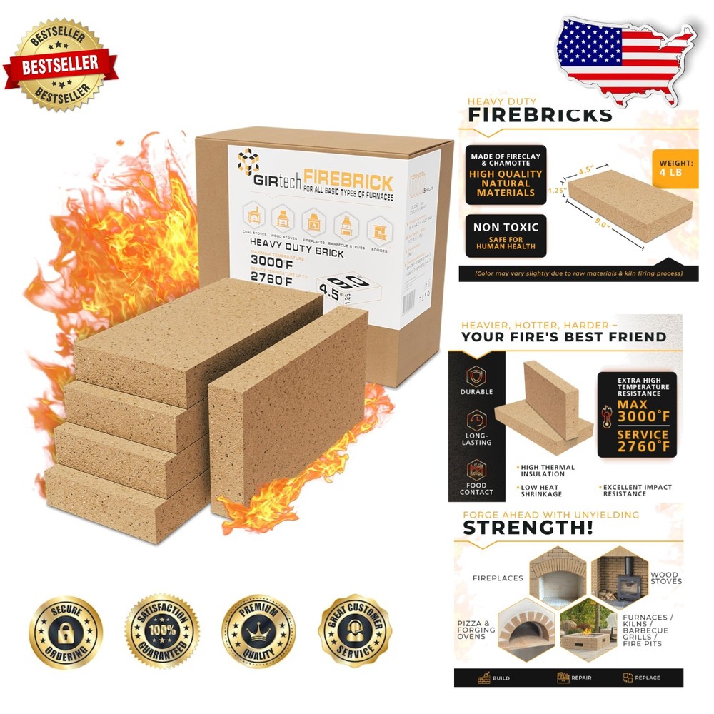 Heavy Duty Fire Bricks 5-Pack Fireclay 3000F Stove 9" Insulating Replacement
