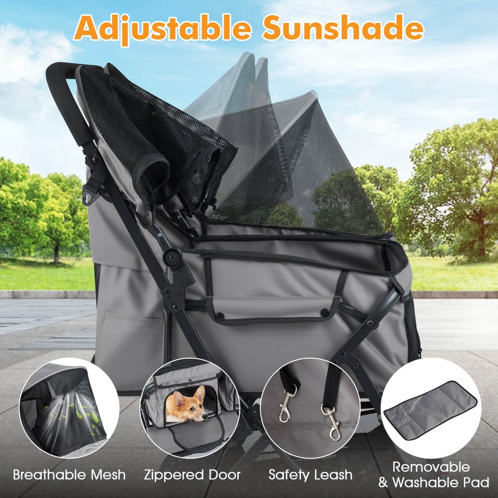 Double Pet Stroller w/ 2-seater Carrier, Adjustable Sunshade, Removable Pad