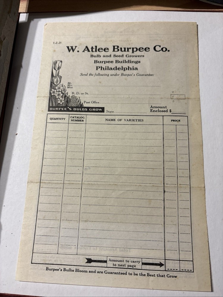 W. Atlee Burpee Co. Vintage Order Form FRAMED
