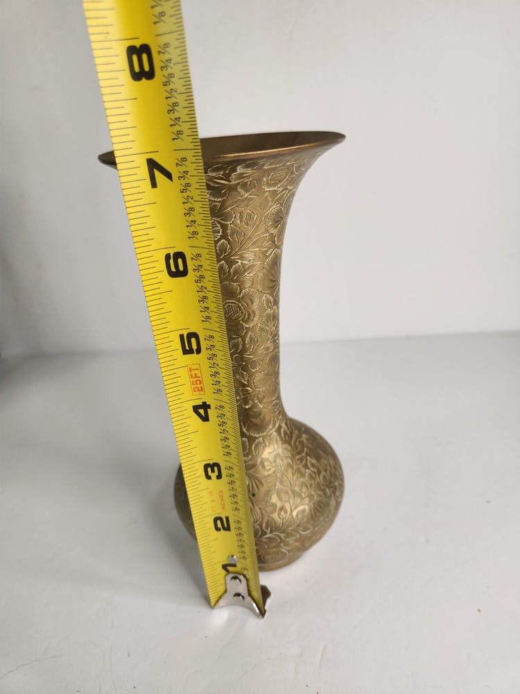 Vintage Solid Brass Vase Etched Floral Flower Marked India 7"