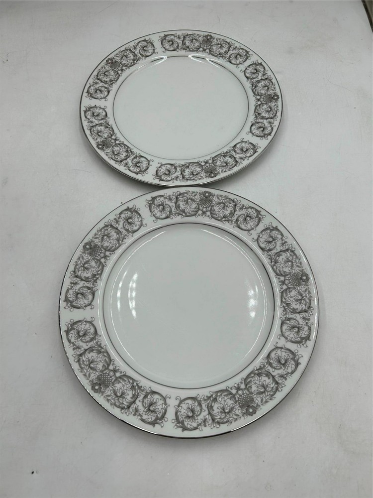 2)  TOWNE HOUSE   ELEGANTE   DINNER PLATES   GRAY SCROLL EDGE ON WHITE