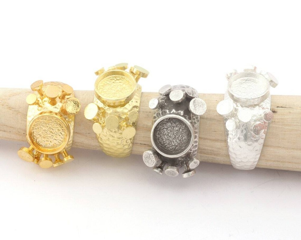 Disc Hammered Ring Adjustable Bezel Raw Brass,Shiny Silver-gold 7-9US size 4782