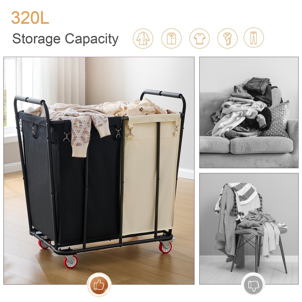 2 Section Laundry Sorter Cart, 400L Rolling Hamper with Wheels, Industrial La...