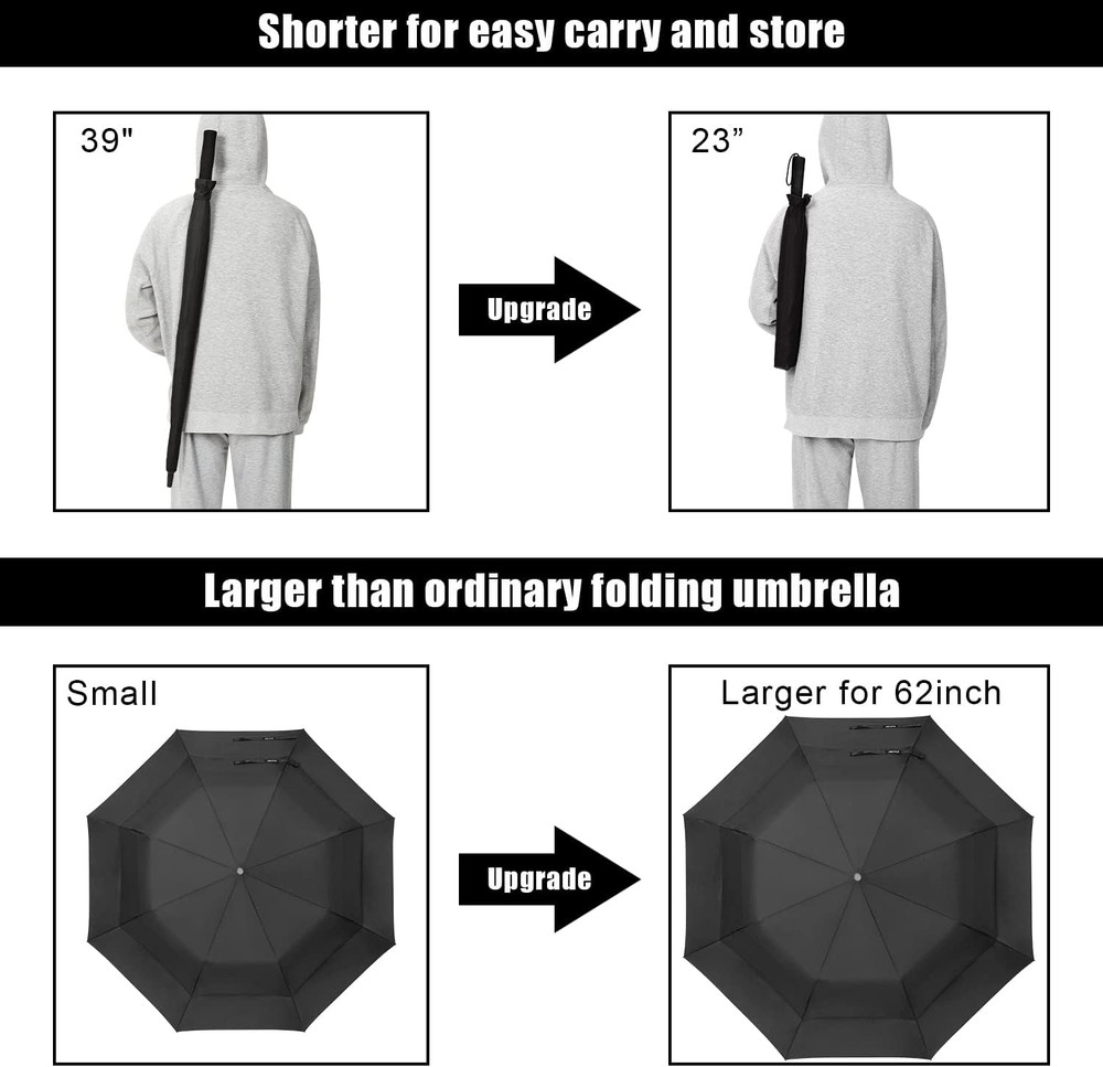 62 Inch Portable Golf Umbrella Large Oversize Double Canopy Vented Windproof Wat