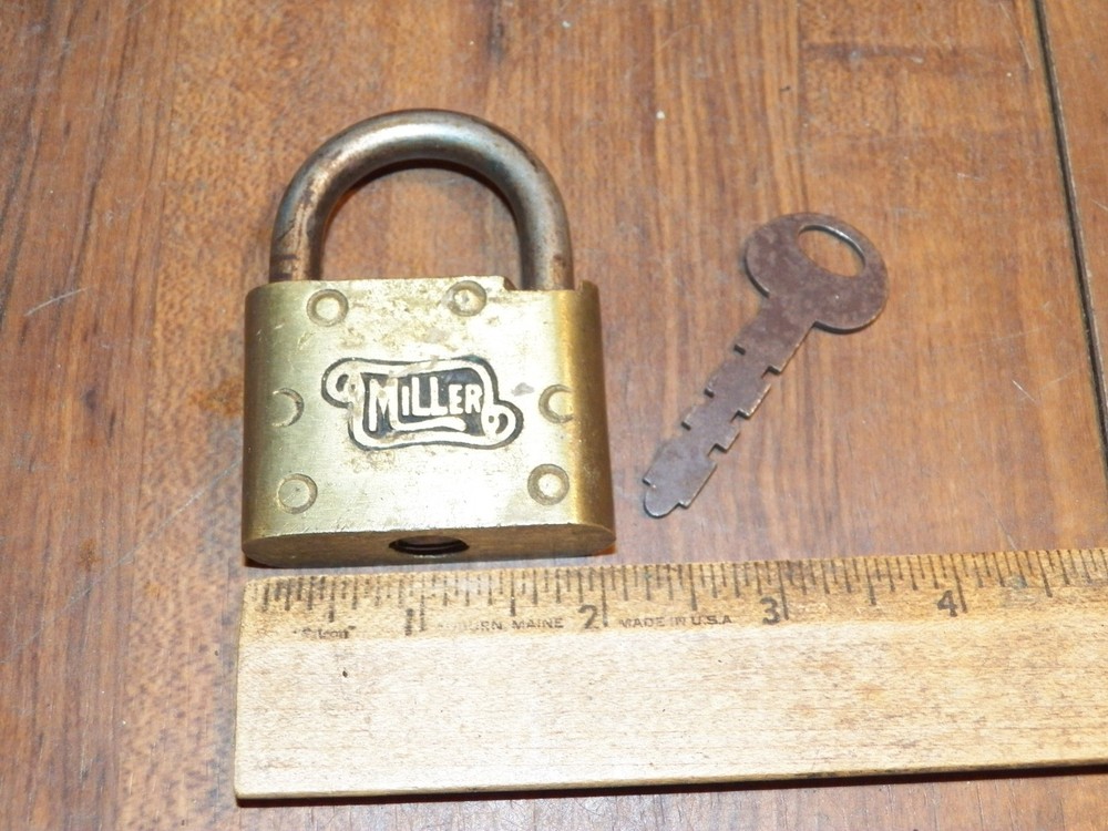 Antique MILLER Brass Padlock w/ Key - Works