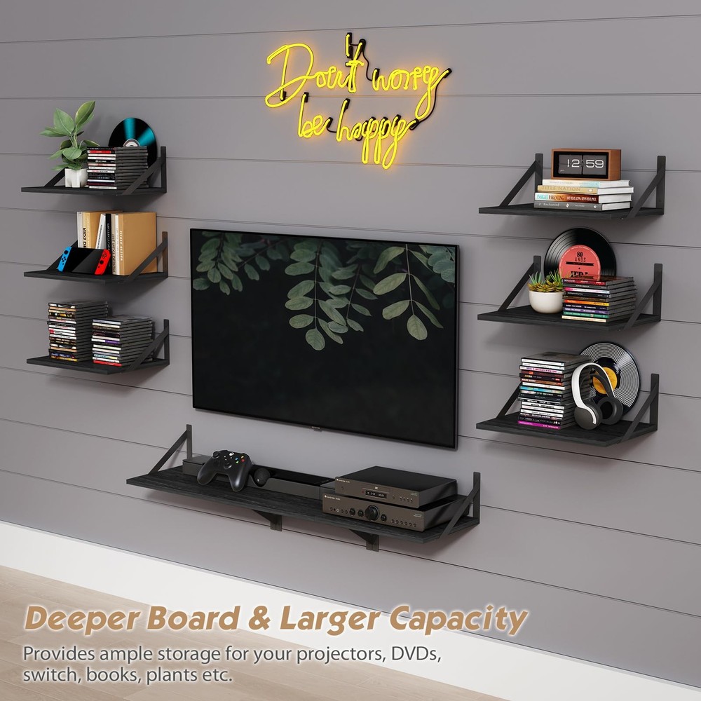 Forbena 12" Deep Floating Shelves, 16" Wide Black Wall Mounted Solid Wood