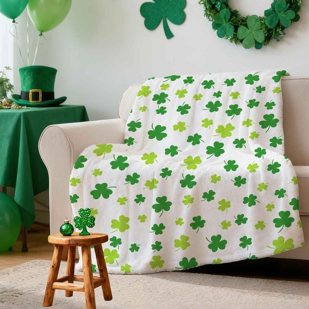 Saint Patricks Day Fleece Throw Blanket Irish Holiday Clover Pattern