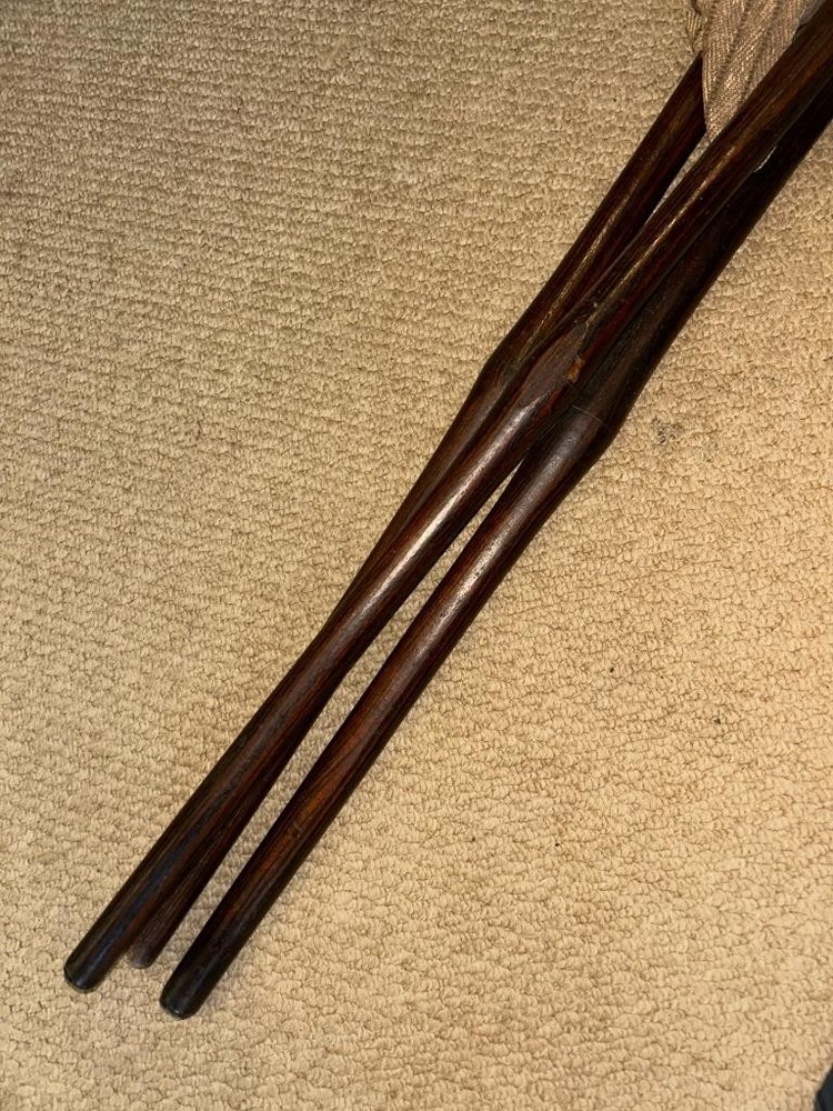 Antique Campaign Walking Stick Folding Tripod Stool - Canvas Strap Seat