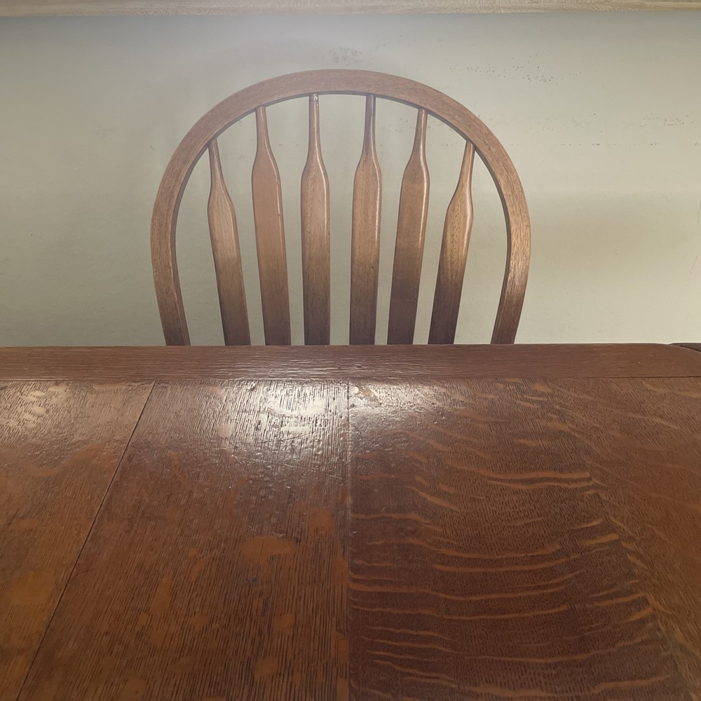 Vintage Solid Oak Dining Rectangle 59.25” Table. 4 Arrowback Chairs. Made Taiwan