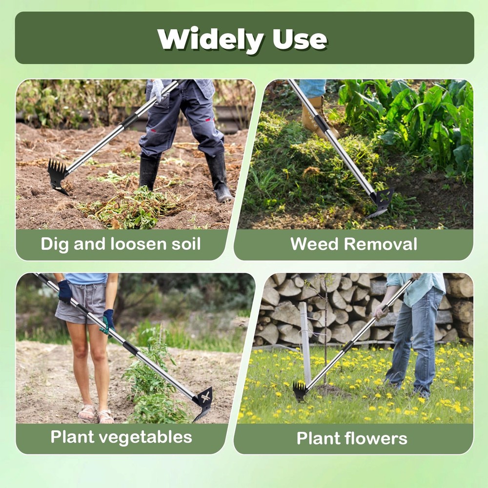 Weed Puller Tool Long Handle 2-in-1 Rake Hoe Heavy Duty Garden Remover 60in