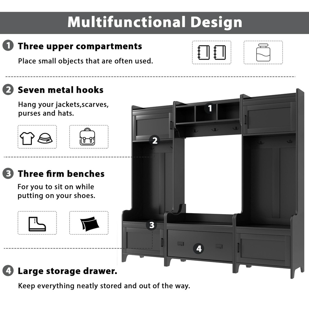4-in-1 Multiple Functions Hallway Coat Rack with Seven Metal Black Hooks