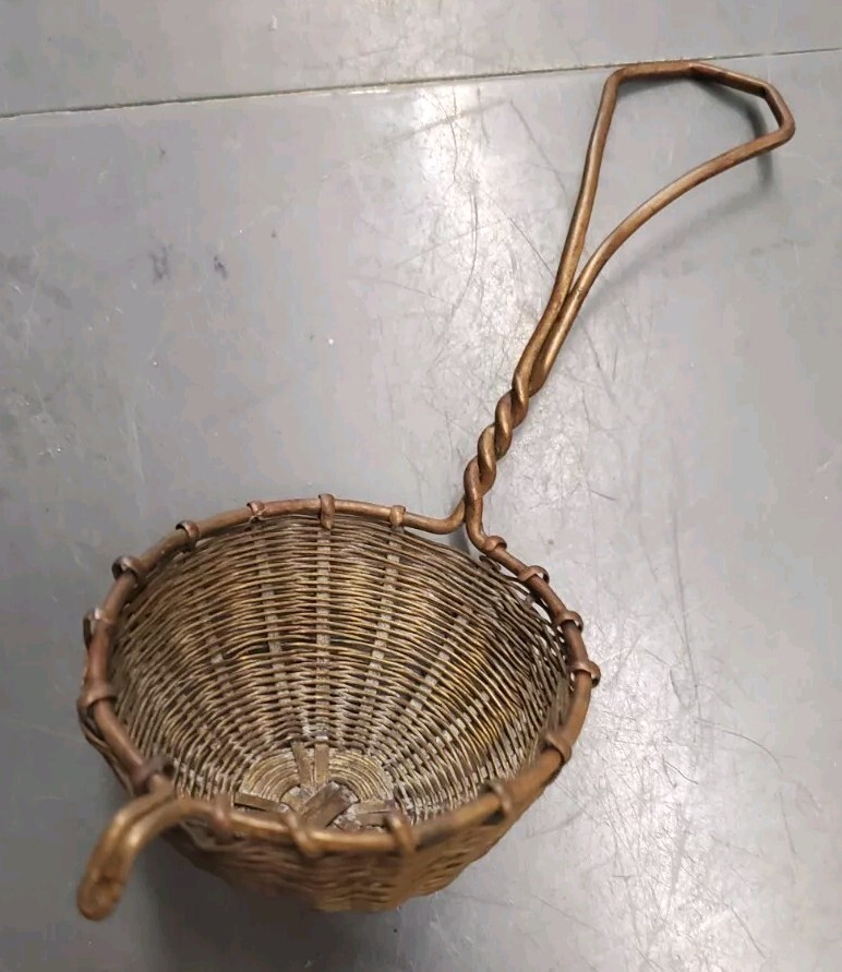 Antique  Woven Brass Tea Strainer Basket Spoon Infuser