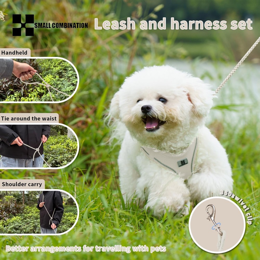 Adjustable Dog Harness with Leash Reflective Mesh No-Pull Design Cream S