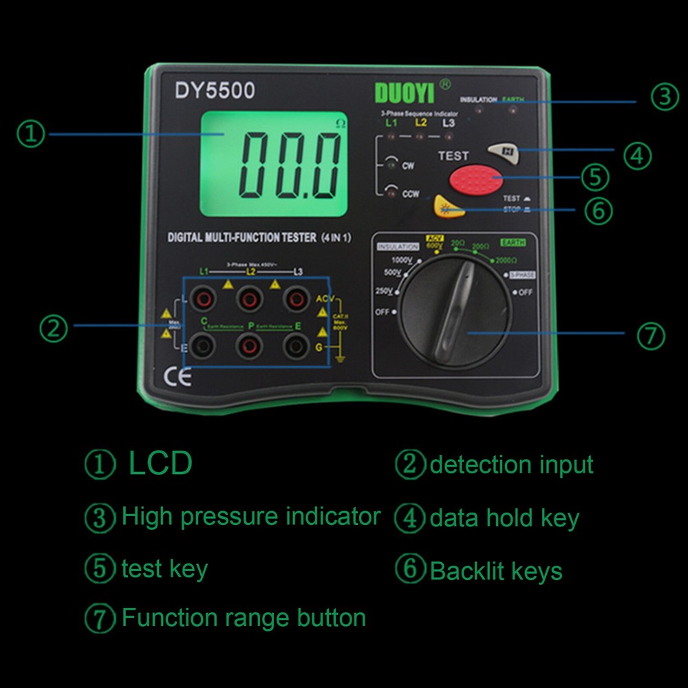 LCD multifunction tester Insulation Earth Volt Meter Test Insulation Resistance