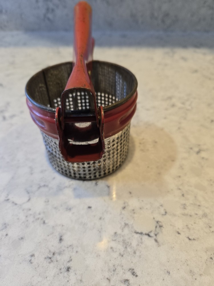 Vintage Red Handy Things Potato Ricer , Fruit Press, Masher, Handle