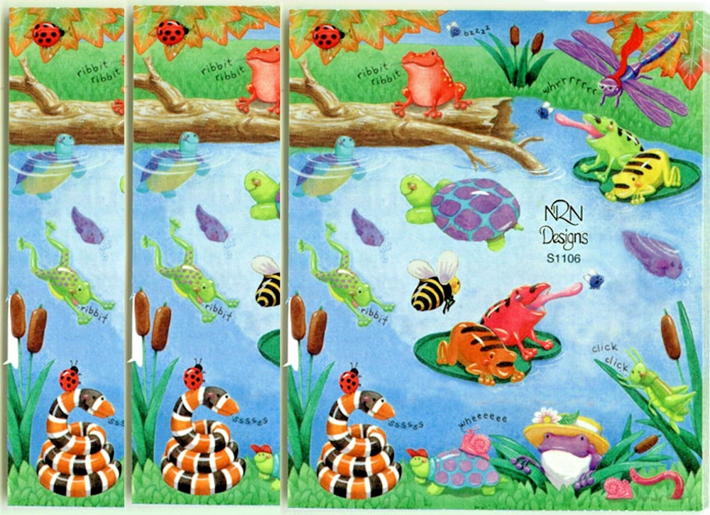 NRN Designs FROG POND Snake Turtle Ladybug Scrapbook Stickers Dragonfly 3 Sheets