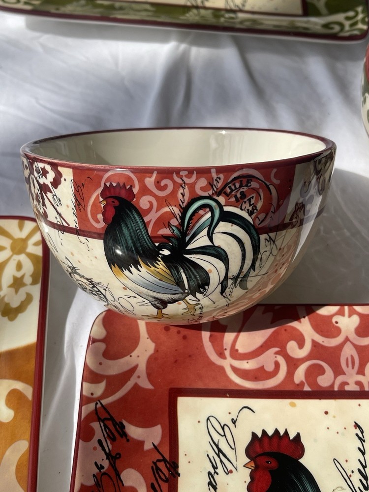 Certified International Rooster Multicolor Ceramic Square Dinner Set Plates & B…