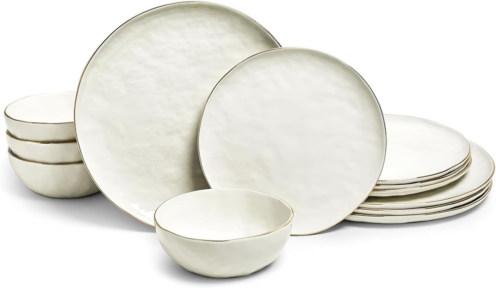 Sango 12-Piece Lightweight Stoneware Dinnerware Set for 4, Glossy Vanilla White