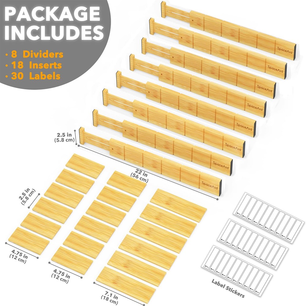 Best SpaceAid Bamboo Drawer Dividers with Inserts and Labels, Kitchen Adjustable