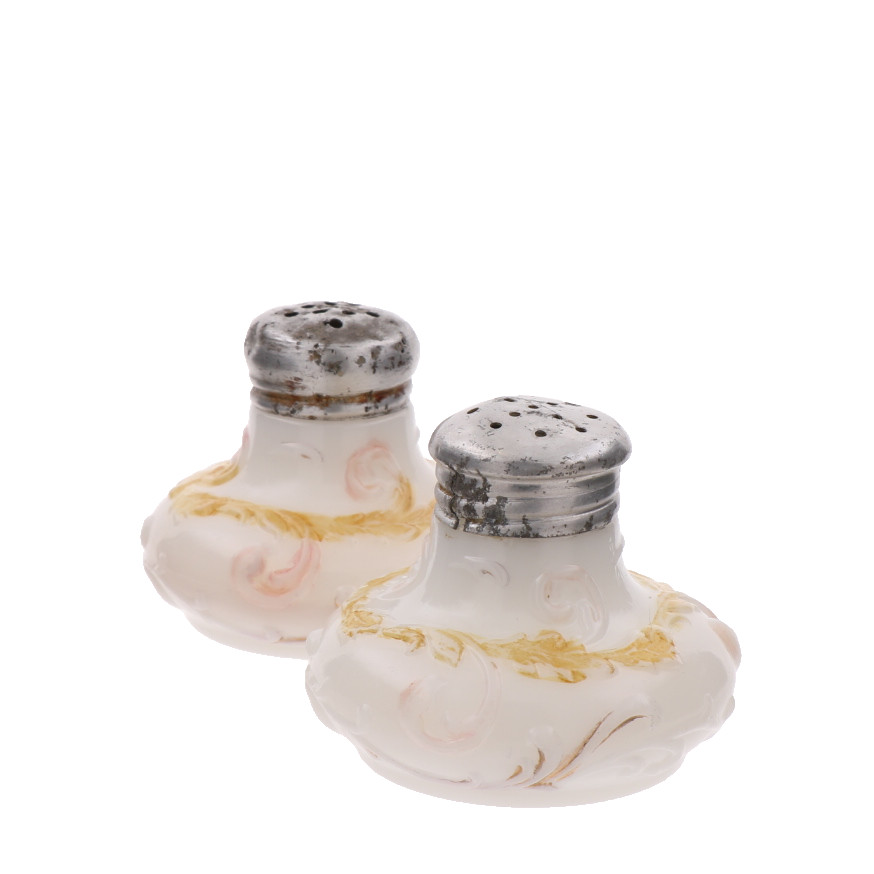 Victorian Era EAPG Unknown Maker Squat Scroll Milk Glass Shaker Set 2" Tall