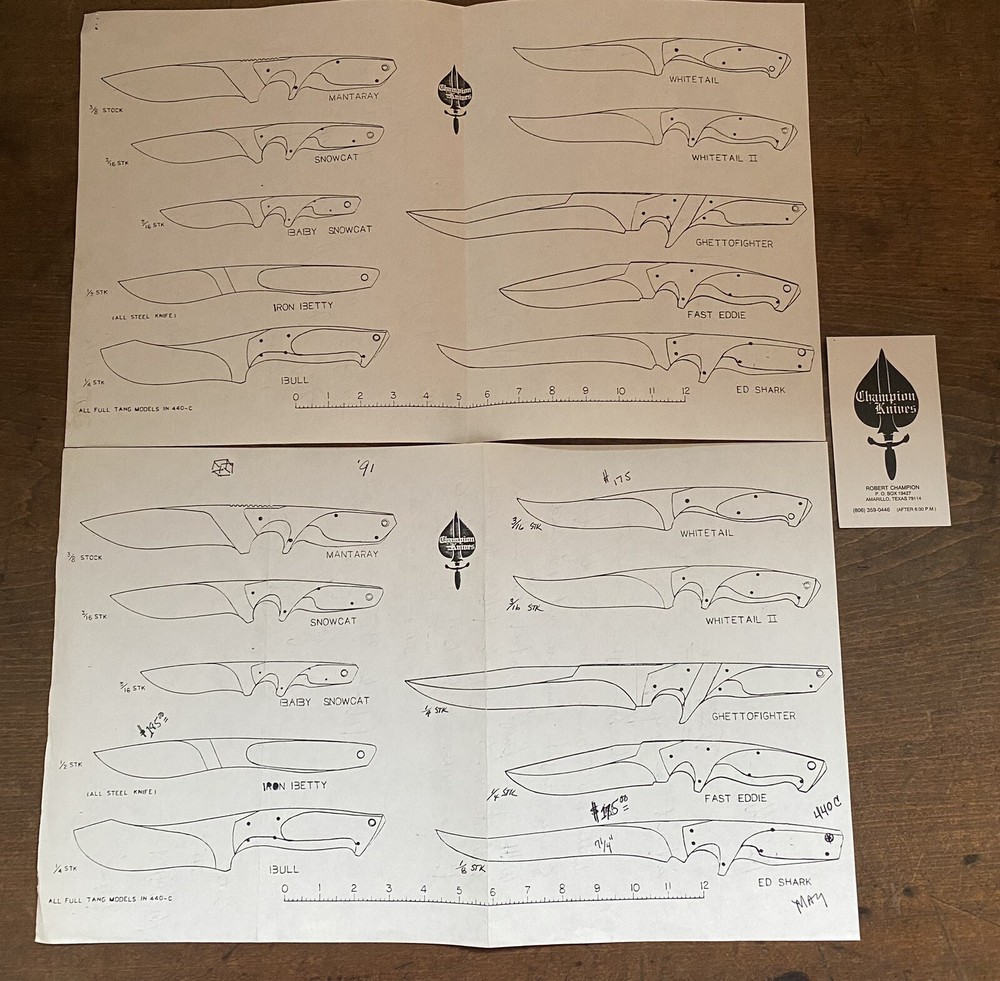 ROBERT CHAMPION HANDMADE KNIFE CATALOG BROCHURE. CUSTOM TEXAS KNIVES