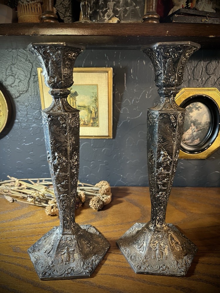Antique Weidlich Brothers silver-plated candlesticks Repousse Dutch windmill