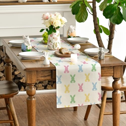 Green Pink Bunny Rabbit Easter Table 13" x 72", Table Runner Green and Pink