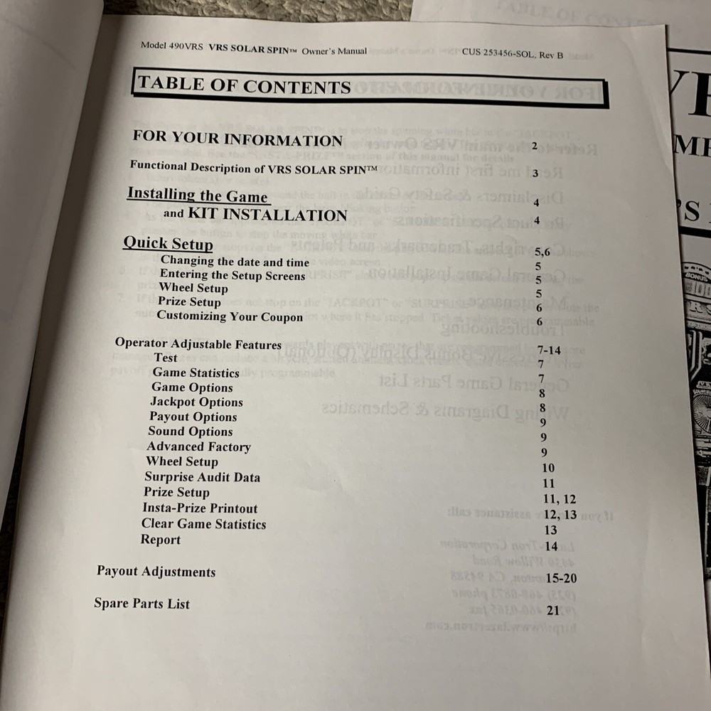 Solar Spin VRS System Set Lazer Tron ,,arcade Game Manual