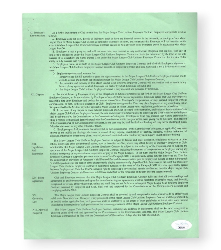 Tom McCraw Signed Autographed Contract White Sox 2002 Expos JSA CB20138
