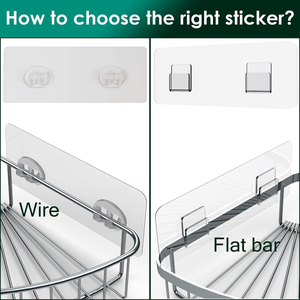2 Pack Shower Caddy Adhesive Replacement Stickers with 2 Flat Hooks for Kitchen