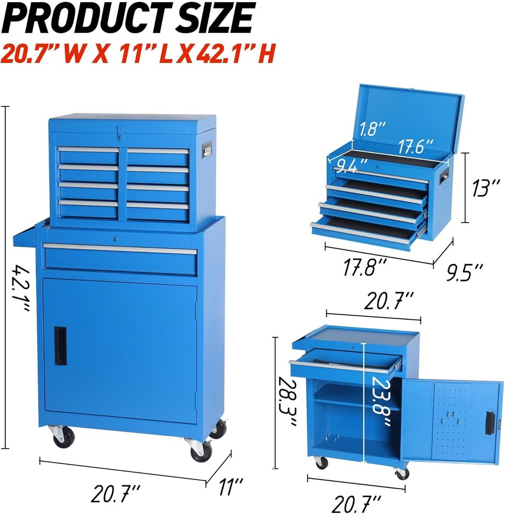 5-Drawer Tool Chest, Rolling Tool Storage Cabinet Detachable Top Tool Box, Liner