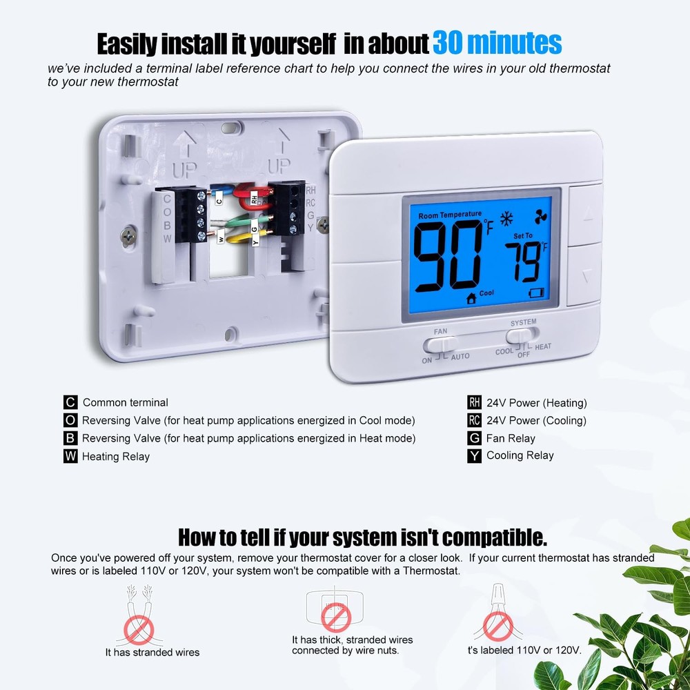 Non Programmable Thermostat for Home - Single Stage 1H/1C, Blue Backlight