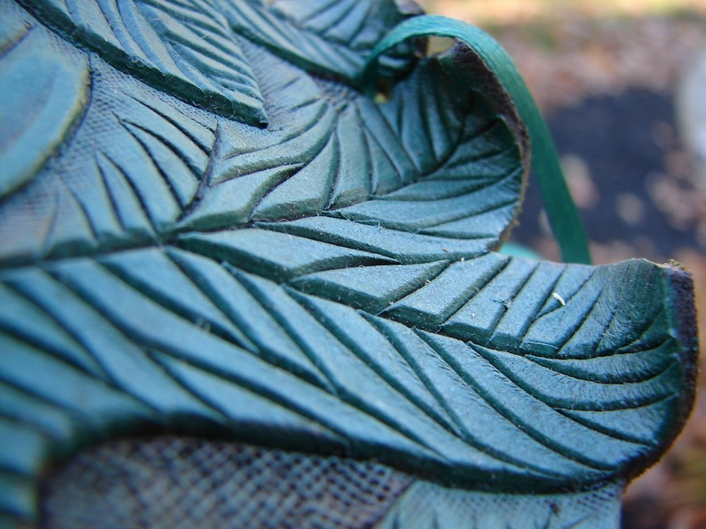 Mask Handcrafted Leather Green Leaf Design Display Signed/dated 1999 by AMH