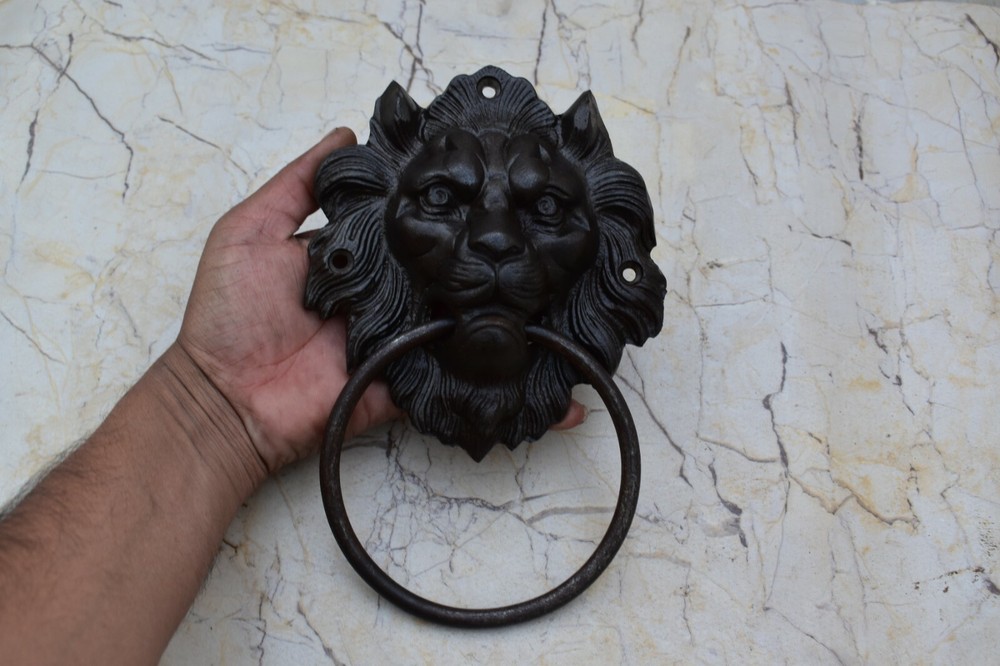 Vintage Cast Iron Lion Head Face Door Knocker Handle Knob Pull Drop Ring