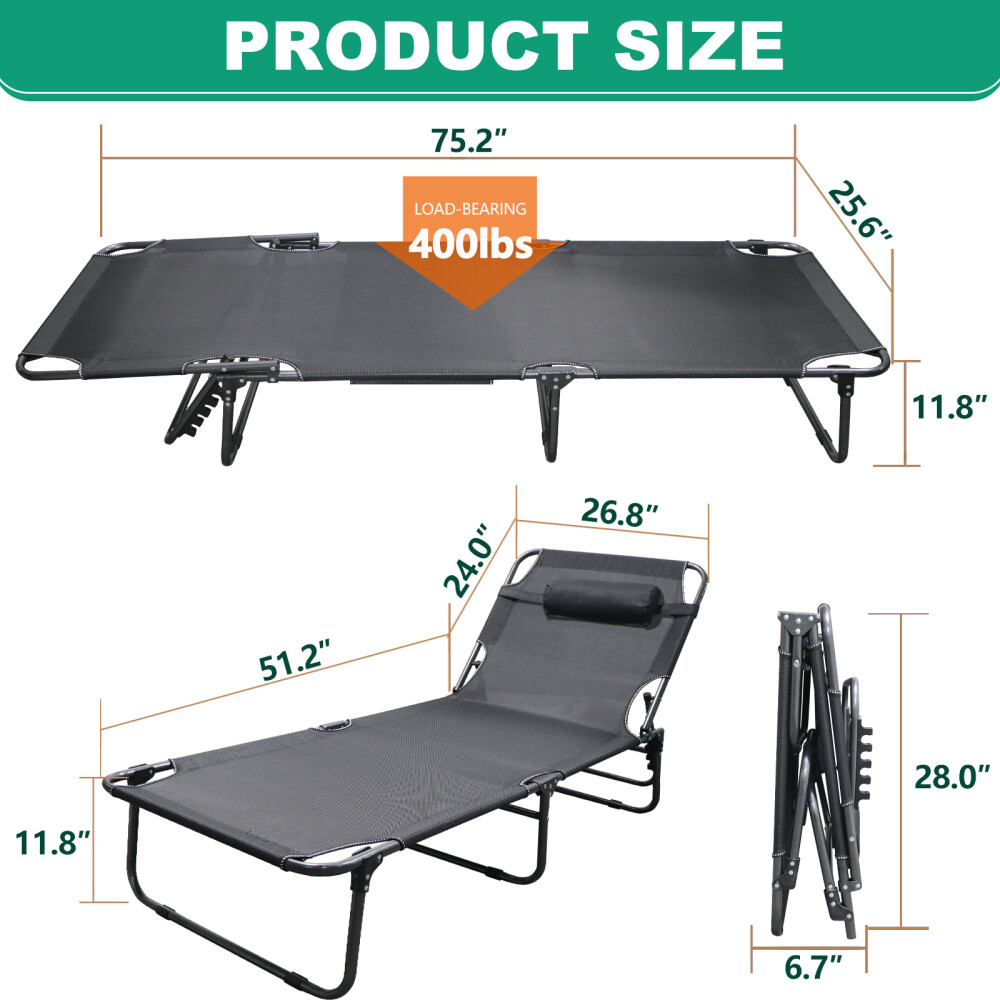 Adjustable 4-Position Patio Lounge Cots Folding Camping Cot Guest Sleeping Beds
