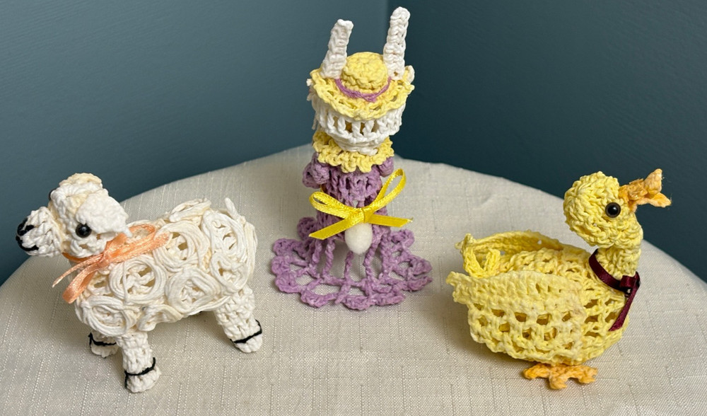 3 Vintage Handmade Starched Crochet String Easter Figures - Lamb Duck Rabbit